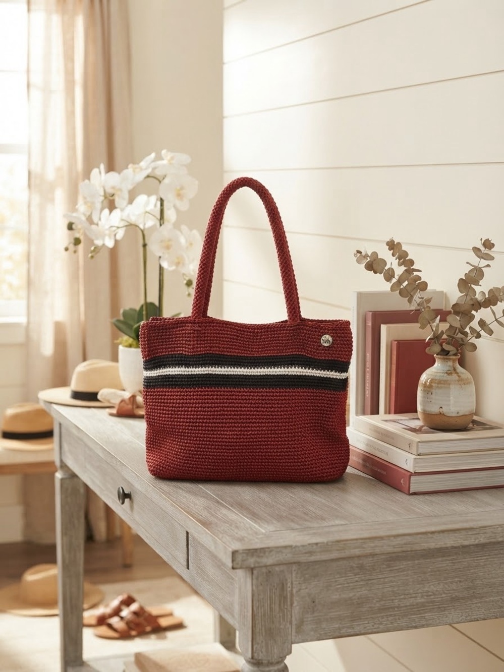 The Sak Classic Knit Tote Bag in Wine Red with Stripe Accent